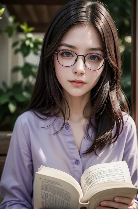 violet garden, 4K, glasses, reading the Bible, clothes hold, comely, cute face, Brunetette, shorth hair 