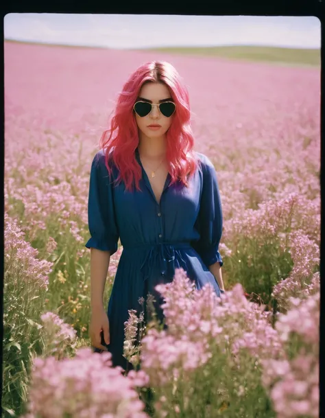 Woman  with long pink hair, in a field of flowers with a heart in her hand, standing in a flower field, standing in flower field, com campos de flores em primeiro plano, em um campo com flores, Frontal da  em um campo da flor, com flores,  em um campo de f...