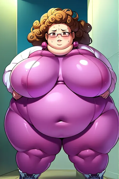 Anime Women, Lady、Forehead、Afro、Curly hair、Glasses、Brown eyes、Are fat、Chubby、Voluptuous、obesity、Double chin、Cheek、Fat-covered neck、Big Breasts、Saggy breasts、Thick upper arms、Fat Belly、Unitard、Bodysuit、sneakers、Gloss、Sweat、Embarrassed