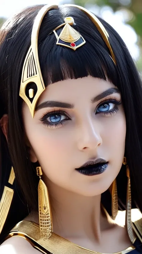 Cleopatra of Egypt blue eyes evil face she is beautiful she has big breasts Egyptian accessories on her face white skin rosy nose short black hair hand on her mouth looks sexy she has a dark look perfect smile she has dark eyes and perfect fingers she the ...