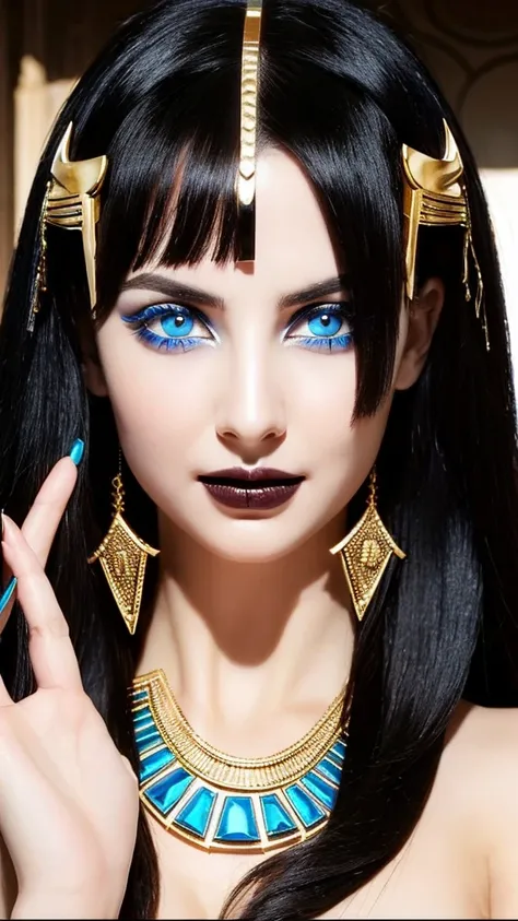 Cleopatra of Egypt blue eyes evil face she is beautiful she has big breasts Egyptian accessories on her face white skin rosy nose short black hair hand on her mouth looks sexy she has a dark look perfect smile she has dark eyes and perfect fingers she the ...