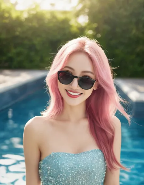 best quality,masterpiece,ultra high resolution,original photo,Cinema lighting,Smile,backlight,ocean,erial View,woman,with long pink hair,( dress, sunglasses,) pool, sky blue color, bikini, water, shoulders, music video, youtube, screenshot , behind view , ...