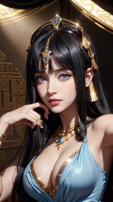 Cleopatra of Egypt blue eyes evil face she is beautiful she has big breasts Egyptian accessories on her face white skin rosy nose short black hair hand on her mouth looks sexy she has a dark look perfect smile she has dark eyes and perfect fingers she the ...