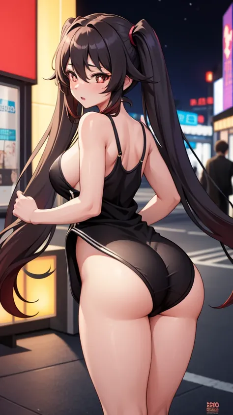 masterpiece, best quality, HuTaoV4, 1girl, solo, blush, twintails, long hair, hair between eyes, ((streetwear clothes)), city, outdoors, night, movie poster, extremely detailed 8K, smooth, high resolution, ultra quality, cinematic lighting, ambient occlusi...