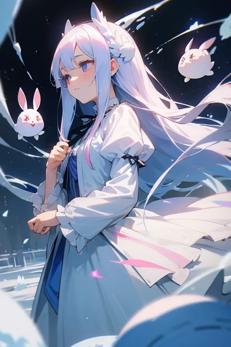 Long white hair straight。Young Girl。Lady。Droopy eyes and ephemeral appearance、Ice blue and pink odd eyes。A princess with the ability to control snow。spirit。sacred、beautiful、cute。Pitiful。　Lolita Dresses。She loves rabbits。