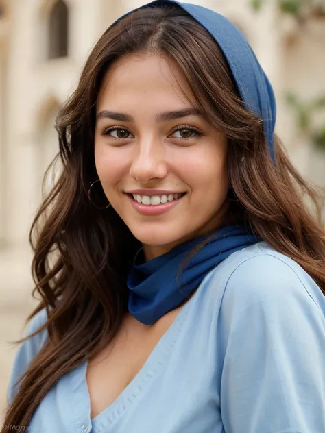 a photo-realistic portrait of a beautiful Palestinian woman with long brown hair, blue shirt, white teeth, and a cute smile, with highly detailed and realistic facial features, modest expression, and realistic white skin tone