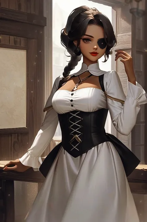 ((Лучшее качество)), ((шедевр)), (подробный), girl  dance  happy  red_lips  adult  black_hair  side_braid_ponytail_hairstyle  eye_patch  brown_skin_corset  dress  skin_jackboots  port tavern