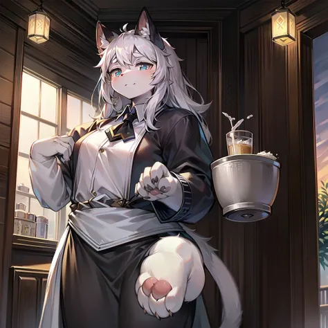 Highest image quality，masterpiece，Orcs，paw+（Four fingers）+White+（White爪尖），Breaking the handheld latte+（single）+catch+Black+（paper cup+Hot drink lid）+In the hand，Delicate eyes，Normal eyes，White eyebrows，Black and white ears+（Cat ears）+Round ears+Gentle，（Cat...