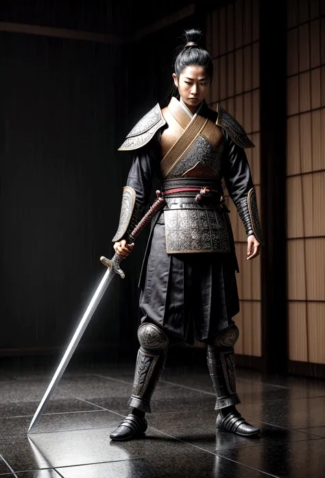 hyper realist, extremely detaild, intricate details, digital art of a Japanese warrior standing sideways, looking sad at the floor ,with light black clothes and holding only a sword in each hand pointed downwards on a sad rainy day. fancy