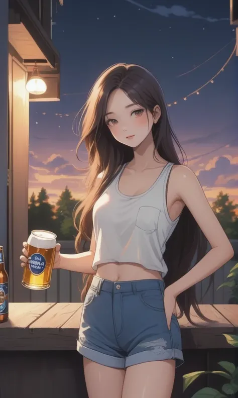 summer night、adult women、can of beer、relax after work、tobacco、tank top、shorts、long hair、cool scenery。