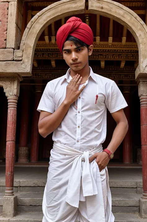 A snake is standing with its fangs raised and behind the snake is a temple and in front of the snake is a 17 year old boy bowing with folded hands. The boy is wearing a red color turban and a white color shirt and a white color dhoti.