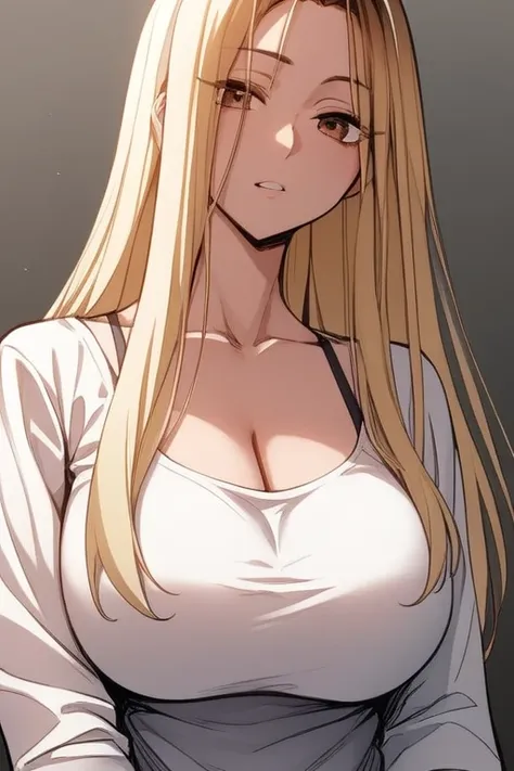 score_9, score_8_superior, score_7_superior, hi、he, brown eyes, blonde, multicolored hair, long hair,round neck ,white tight t-s...