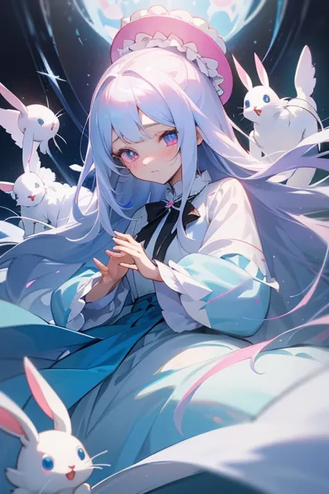 Long white hair straight。Young Girl。Lady。Droopy eyes and ephemeral appearance、Ice blue and pink odd eyes。A princess with the ability to control snow。spirit。sacred、beautiful、cute。Pitiful。　Lolita Dresses。She loves rabbits。