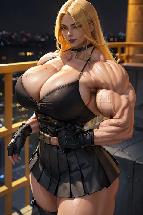 ((((Massive tall, beautiful, buff, sweating, light brown skinned muscular woman with yellow hair, black lipstick, ginormous bulky muscles and wearing a beautiful black long-sleeved blouse with a beautiful pleated skirt)))), (close view), massive muscle, ma...