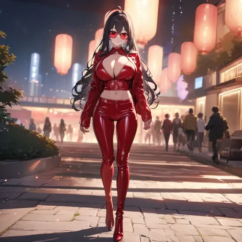 a woman wearing red long sleeve jacket, red jacket, glossy leather jacket, black hair, Ahoge, long hair, red eyes, big breasts, glossy red leather pants, wearing red sunglasses, smiling, full body, walking on a concrete sidewalk in a park at night, lit up....