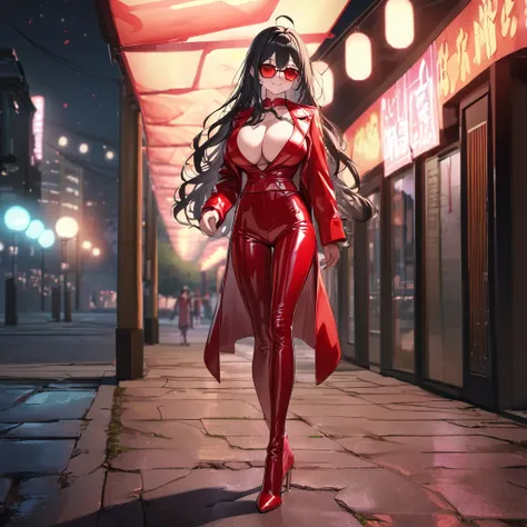 a woman wearing red long sleeve jacket, red jacket, glossy leather jacket, black hair, Ahoge, long hair, red eyes, big breasts, glossy red leather pants, wearing red sunglasses, smiling, full body, walking on a concrete sidewalk in a park at night, lit up....