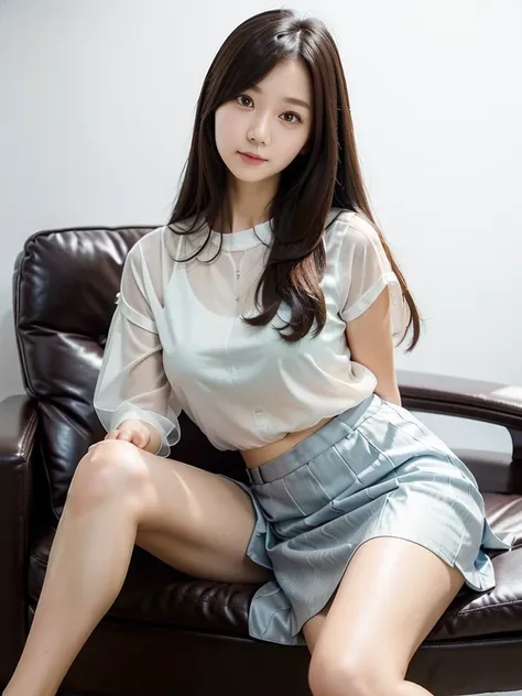 office、White Wallpaper、Sit on a chair、Sheer blouse、Mid-length skirt 、(Highest quality)、、((Very detailed))、4K、(8K)、Highest quality、One person、Kind Face、Soft Light、Raw quality、Soft Skin、Heel、Thighs、163cm