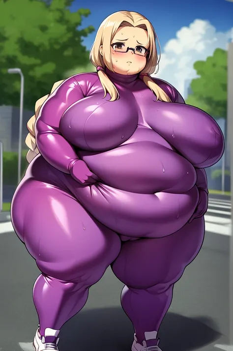 Anime Women, Lady、Forehead、Long braids、Glasses、Brown eyes、Are fat、Chubby、Voluptuous、obesity、Double chin、Cheek、Fat-covered neck、Big Breasts、Saggy breasts、Thick upper arms、Fat Belly、tall、Dark purple unitard、Dark purple bodysuit、sneakers、Gloss、Sweat、Embarrass...