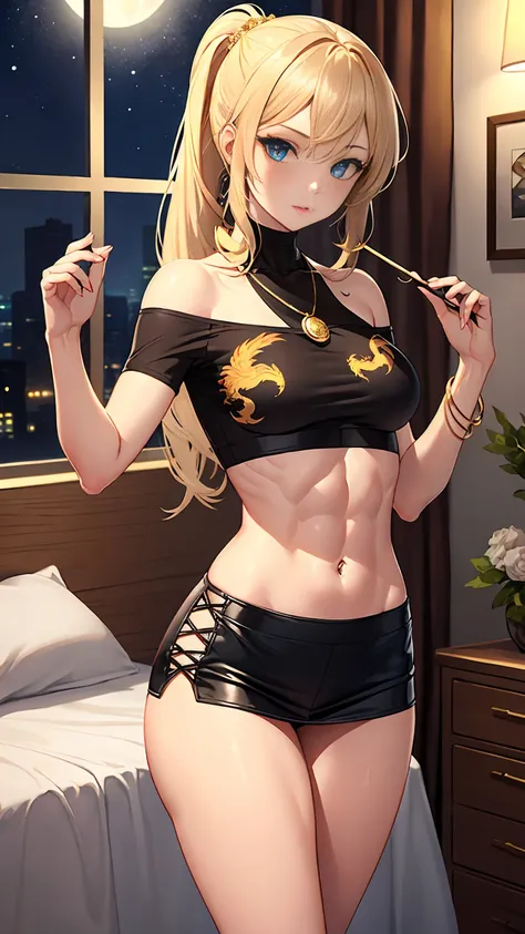 beautiful woman with long straight ponytail blond hair with blue eyes wearing a black tight skirt with golden dragon prints, a r...