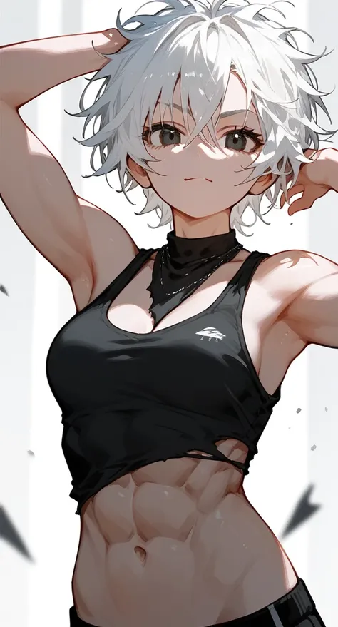 girl, ripped abs, armpits, black tank top, white hair, short hair, messy hair, black eyes, seductive face