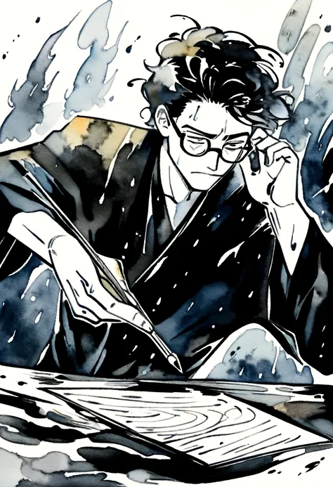 ink art style, black and white, abstract, watercolor painting style, blurs, drawing of a young man, artist man, elegant old clothes, writer man, desperate man ,stressed, rampant, writing with ink, very inspired man, unkempt black hair, glasses, epic , ink ...