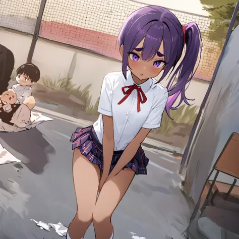 work of art, best qualityer, extremely detaild,dutch angle, アニメ,Suéter schoolyardr grande、plaid plaid skirt,skin tanned,15year old ,dark skin tiny body,smallbreast,baby face,hand between legs,break,multicolored dark purple hair,side ponytail,short hair wit...