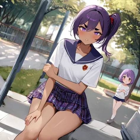 work of art, best qualityer, extremely detaild,dutch angle, アニメ,Suéter schoolyardr grande、plaid plaid skirt,skin tanned,15year old ,dark skin tiny body,smallbreast,baby face,hand between legs,break,multicolored dark purple hair,side ponytail,short hair wit...