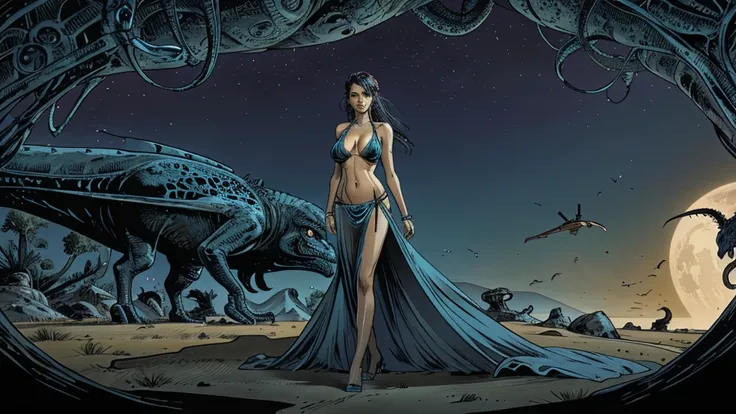 alien landscape with giant monsters, the foreground, a sexy girl with slender hips, slender hips, slender hips,medium breasts, in a long sheer gown cut in slits up to her hips, low cut between her breasts to her navel, long flowing hair, cleavage, brightly...