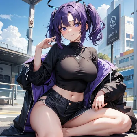 masterpiece,best quality,best resolusion,1 girl,detailed,Hayase Yuuka character,has a black halo above the head,Long purple hair in two pigtails,purple eyes,wearing a thin black t-shirt,wearing a black jacket open to the breasts,big breasts,smile,ultra hig...