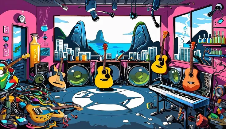 Masterpiece; Guitars and drums in a small science lab(((several science bottles around the room))); (guitars and musical keyboards inside science bottles) World map on the wall. sciencie complete with speakers and glass flasks of chemistry, embody the resi...