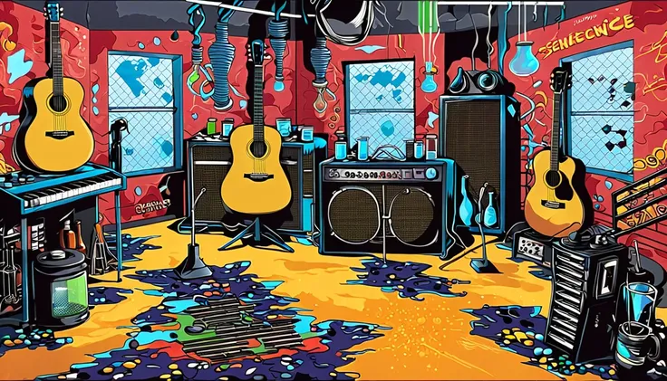 Masterpiece; Guitars and drums in a small science lab(((several science bottles around the room))); (guitars and musical keyboards inside science bottles) World map on the wall. sciencie complete with speakers and glass flasks of chemistry, embody the resi...