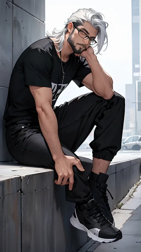 masterpiece, high quality, perfect face, 1man, male, narrow eyes, slight beard, glasses, black and white hair, mullet style hair, black t-shirt, black longpants, black shoes