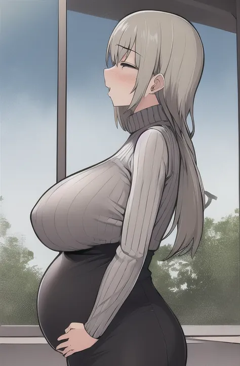 ((masterpiece)), (Highest quality), (detailed), (1 Girl),,Long white hair、、Rib Fabric,Long sleeve、Tight sleeveless turtleneck sweater、Beige sweater、black((Tight long skirt))、Huge breasts、Uzaki Moon、From the side、Pregnant women