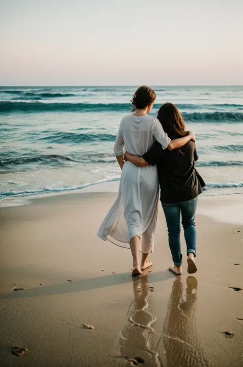 Couple of lovers holding onto their mother walking on the seashore