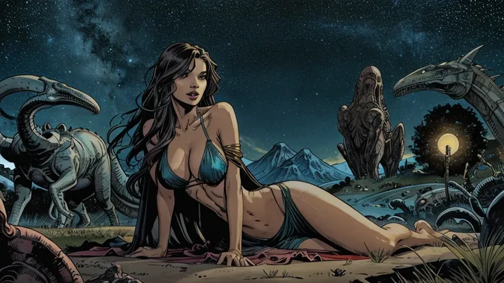 alien landscape with giant monsters, the foreground, a sexy girl with slender hips, slender hips, slender hips,medium breasts, in a long sheer gown cut in slits up to her hips, low cut between her breasts to her navel, long flowing hair, cleavage, brightly...