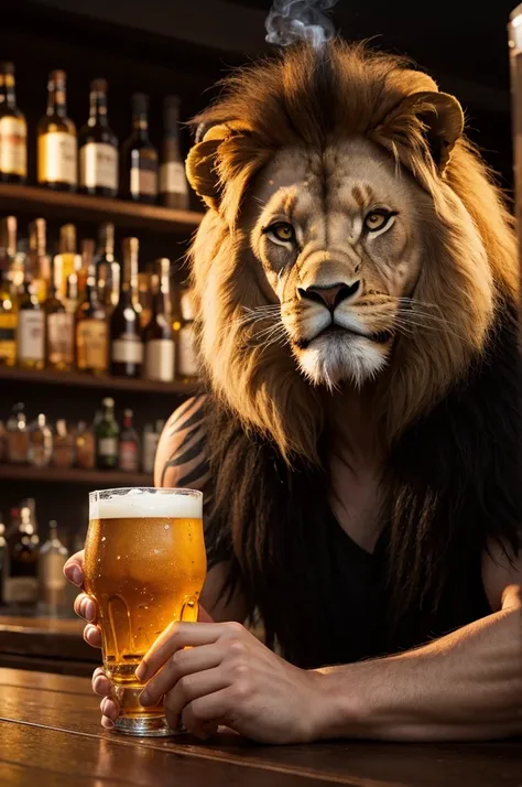 A lion only face, one beer, much smoke, bar background