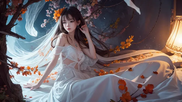 32k, Masterpiece, Highest quality, One girl, Detailed eyes, flower,Alstroemeria, White and orange style,A dreamy, romantic piece,Pale purple, Mysterious Leaves,A playful arrangement,Fantasy,High Contrast,Ink strokes,explosion,Exposure, Impression of white ...