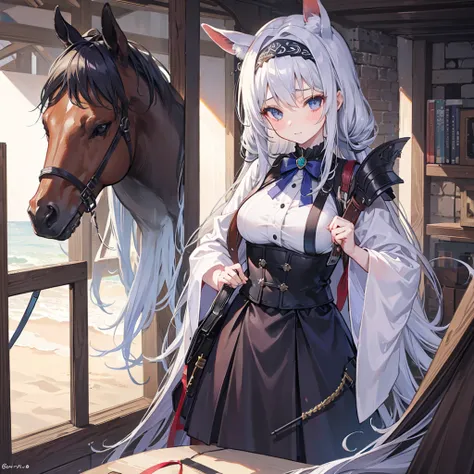 eye hiding coif,Blindfold,NSFW,1girl,Horse&#39;s ears,Horse tail,Silver Hair,Red eyes,Curly medium short hair,Square glasses,Wearing a large white coat,hoodie,,Dairy-free,garter belt,Troubled expression,Ahegao,Sit on a chair,desk,Character portrait,full Ar...