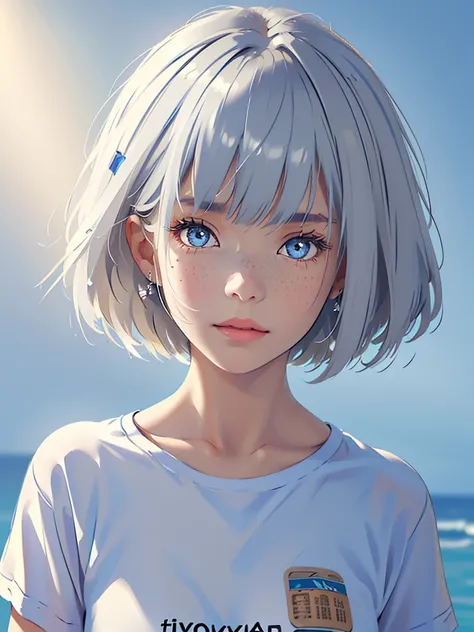 ((masterpiece)), ((best quality)), (ultra-detailed), ((extremely detailed)), 4K, (8K), best quality, a beautiful woman, ((beautiful light gray hair)), shiny hair, ((fluffy bob cut)), light blue eyes, detailed skin, freckled skin, flushed cheeks, 20 years o...