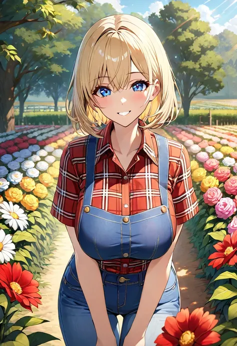 1 girl, solo, best quality, ultra detailed, Blonde, blue eye, detailed eyes, smile, red plaid shirt, short blonde hair, southern, from front, portrait, short sleeves, standing, on a farm, flower garden, warm sunlight, blue jeans, large breasts