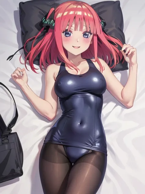 best quality, insanely detailed, nino nakano, one-piece swimsuit, breasts, pantyhose, blush, smile, 寝そべる