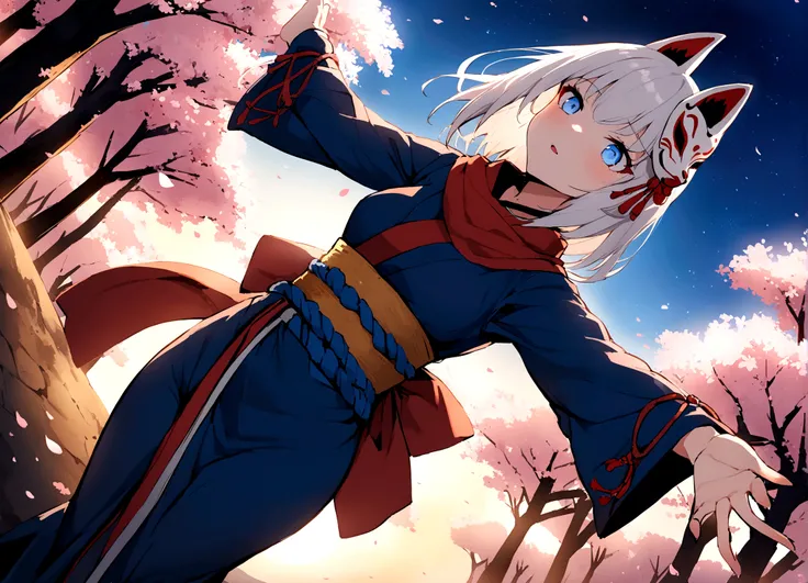 (masterpiece, best quality:1.2), 1girl, 独奏,Wolf girl, fox mask, ninja, girl, long white hair, odd eyes, blue kimono, ninja girl, red and blue scarf,Dancing Cherry Blossoms,Full moon backlighting, light coming in, fantastic atmosphere.Kyoto、Starry sky and f...