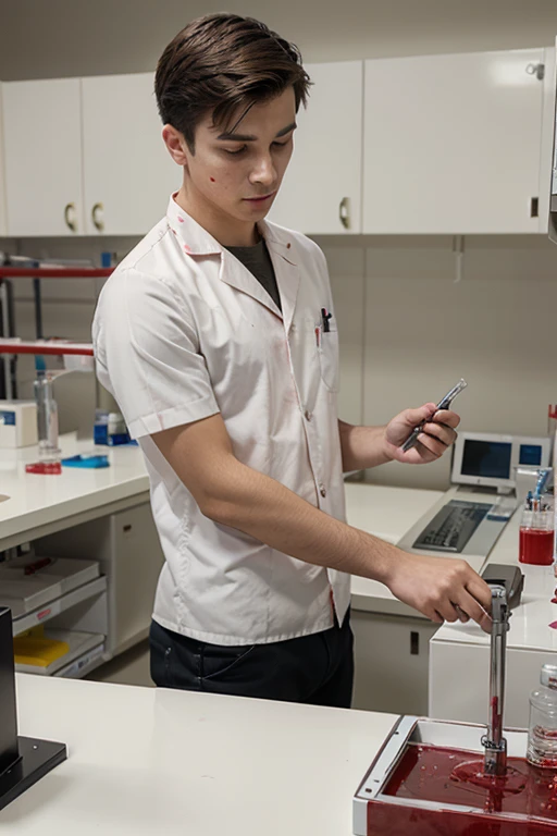 young man creating blood analysis machine, clinical laboratory background