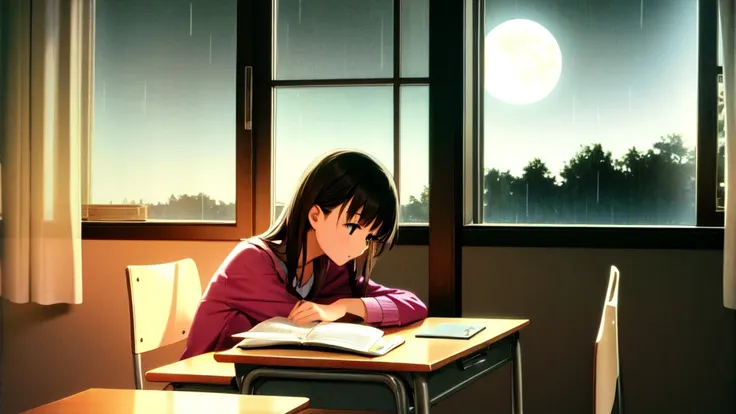 1girl sitting her desk, studying in her room, ,at night, doing homework, a studyroom with a window, moon in the background, raining, soft light, 