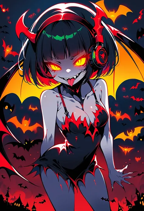 (extremely detailed fine touch:1.3), (2D:1.3), devil girl, (super very short hair:1.3), blunt bangs, (yellow glasses:1.3), underrim, headphones, devils wings, white skin, Tsurime Eyes, (glowing eyes:1.4), evil smile, (fangs:1.2), tongue out, red cheek, min...