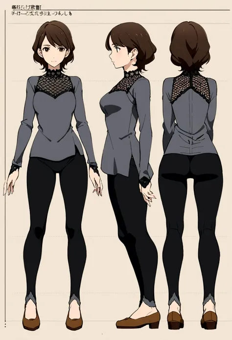 Detailed character sheet, Front view, Side view, Diagonal view, with a white returnground, show women, 30 years old, with short dark brown hair combed return, Wearing light casual clothing, Wearing tight black leggings. The seat includes different angles, ...