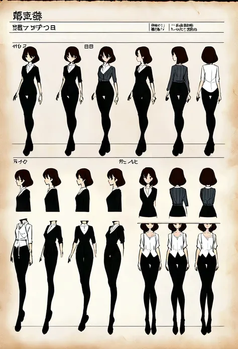 Detailed character sheet, Front view, Side view, Diagonal view, with a white returnground, show women, 30 years old, with short dark brown hair combed return, Wearing light casual clothing, Wearing tight black leggings. The seat includes different angles, ...