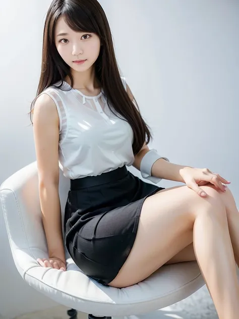 office、White Wallpaper、Sit on a chair、Sheer blouse、Black maxi skirt 、(Highest quality)、、((Very detailed))、4K、(8K)、Highest quality、One person、Kind Face、Soft Light、Raw quality、Soft Skin、Heel、Thighs、163cm