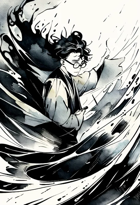 ink art style, black and white, abstract, watercolor painting style, blurs, drawing of a young man, artist man, elegant old clothes, writer man, desperate man ,stressed, rampant, writing with ink, very inspired man, unkempt black hair, glasses, epic , ink ...