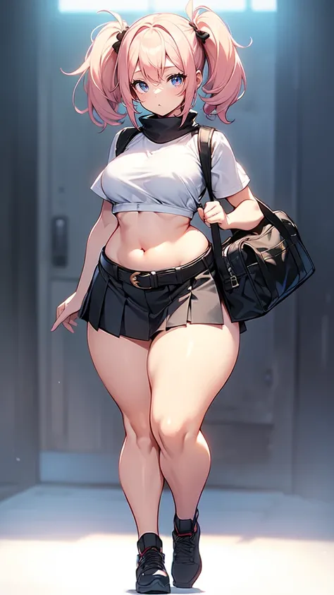 blank background, (((full body))), (masterpiece), ((best quality)), (very short girl), flat chest, short twintail, (wide hips:1.4), (thick thighs:1.4), (very short skirt), toeless footwear, belt below navel, fanny packs, bags